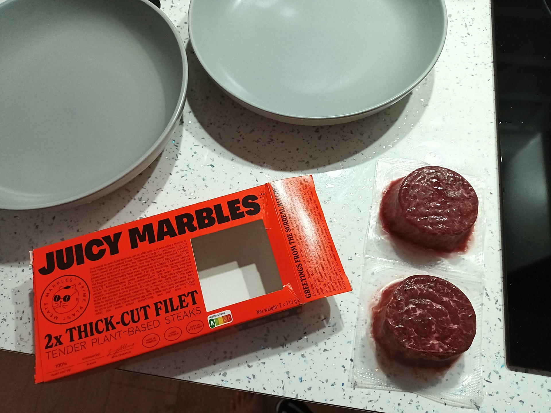 picture of the juicy marble vegan steaks outside of the box